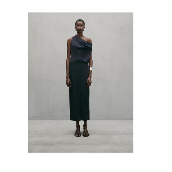 Massimo Dutti Womens Midi Dress XS Blue Flowing Asymmetric Neck Bow 9220/952 NWT - Picture 1 of 16